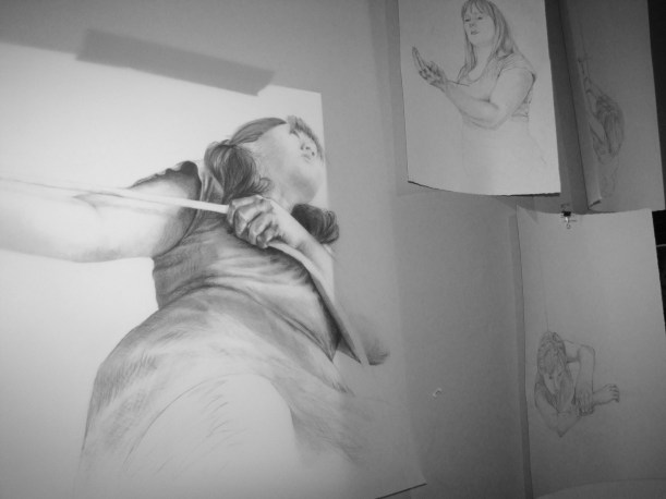 Sneak peak of works in progress by Maya Hum, large drawing is called "Carry Forward"