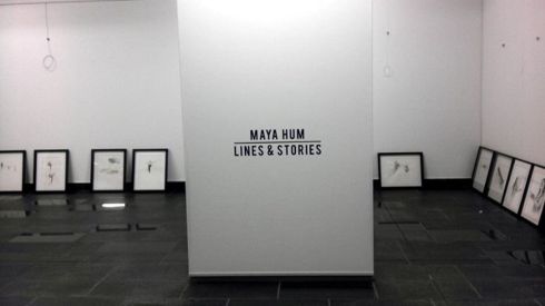 Lettering is up. Pre-install shot of "Lines and Stories" Art Exhibition