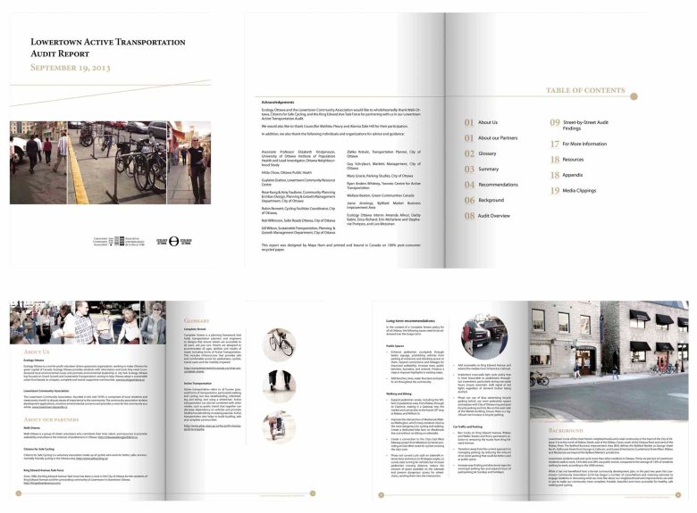 Lowertown Transportation Audit – selected pages – Adobe Indesign & Photoshop CS5.5. Client: Lowertown Community Association & Ecology Ottawa, 2013